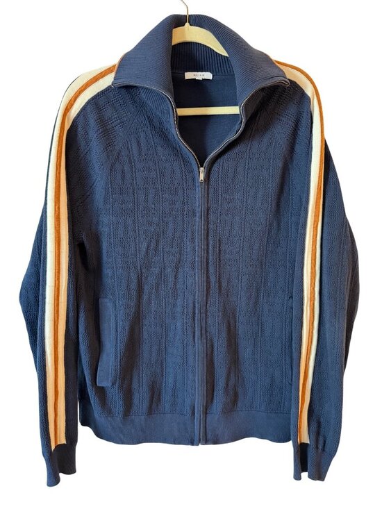 Reiss Other - Reiss Navy Textured Knit Full-Zip Track Jacket With Striped Sleeves - Size S